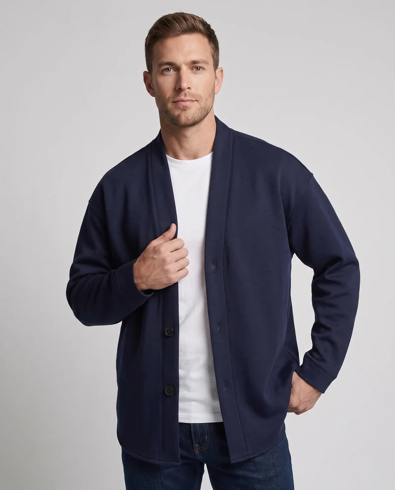 Unisex Oversize-Cardigan aus French-Terry mit V-Ausschnitt und durchgehender Knopfleiste
