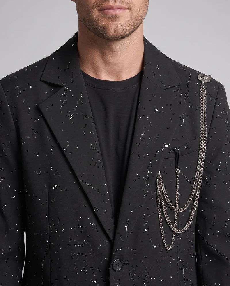 Unisex Oversize-Blazer und Wide-Leg-Anzugset mit Farbklecks-Print & Ketten-Detail