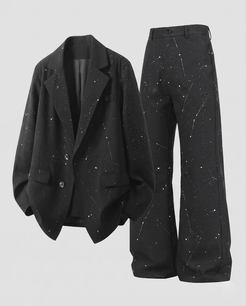 Unisex Oversize-Blazer und Wide-Leg-Anzugset mit Farbklecks-Print & Ketten-Detail