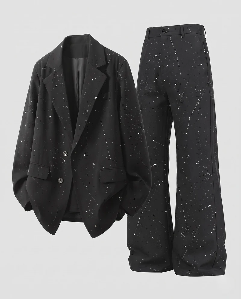 Unisex Oversize-Blazer und Wide-Leg-Anzugset mit Farbklecks-Print & Ketten-Detail