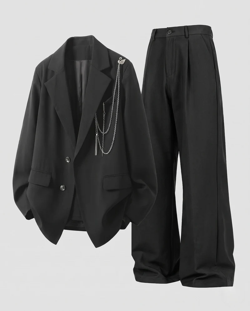 Unisex Oversize-Blazer und Wide-Leg-Anzugset mit Farbklecks-Print & Ketten-Detail