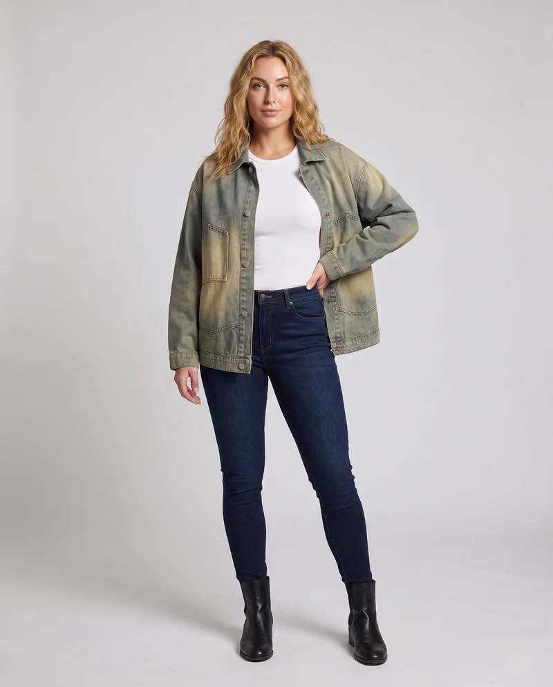 [Unisex] Oversize Denim-Überhemdjacke mit Vintage-Waschung und aufgesetzten Taschen