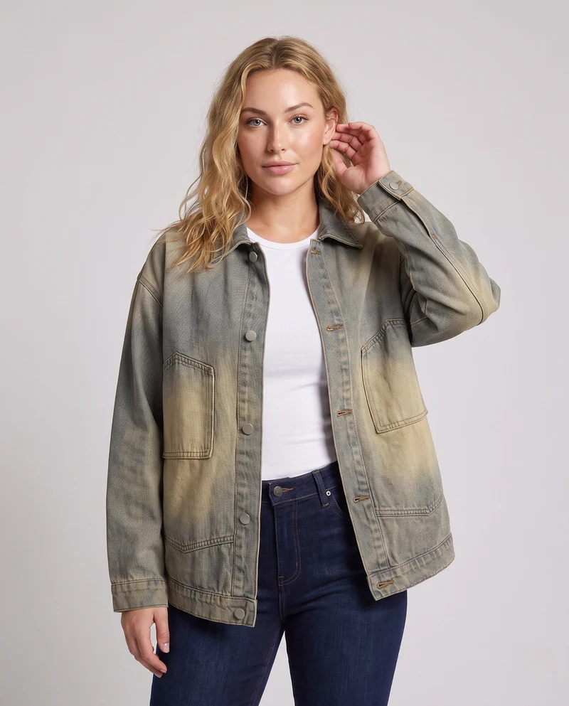 [Unisex] Oversize Denim-Überhemdjacke mit Vintage-Waschung und aufgesetzten Taschen