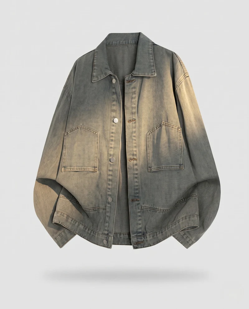[Unisex] Oversize Denim-Überhemdjacke mit Vintage-Waschung und aufgesetzten Taschen
