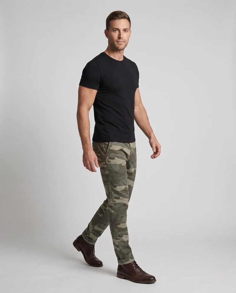 Herren Chino-Hosen im Camouflage-Design, maßgeschneidert und tapered mit aufgerolltem Saum Nord Taschen