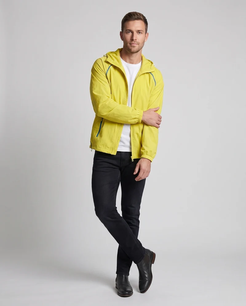Leichte Herren-Hooded Windbreaker aus Tech Ripstop mit Kontrastpaspelierung, Kordelzug & Reißverschluss-Taschen Nord Taschen