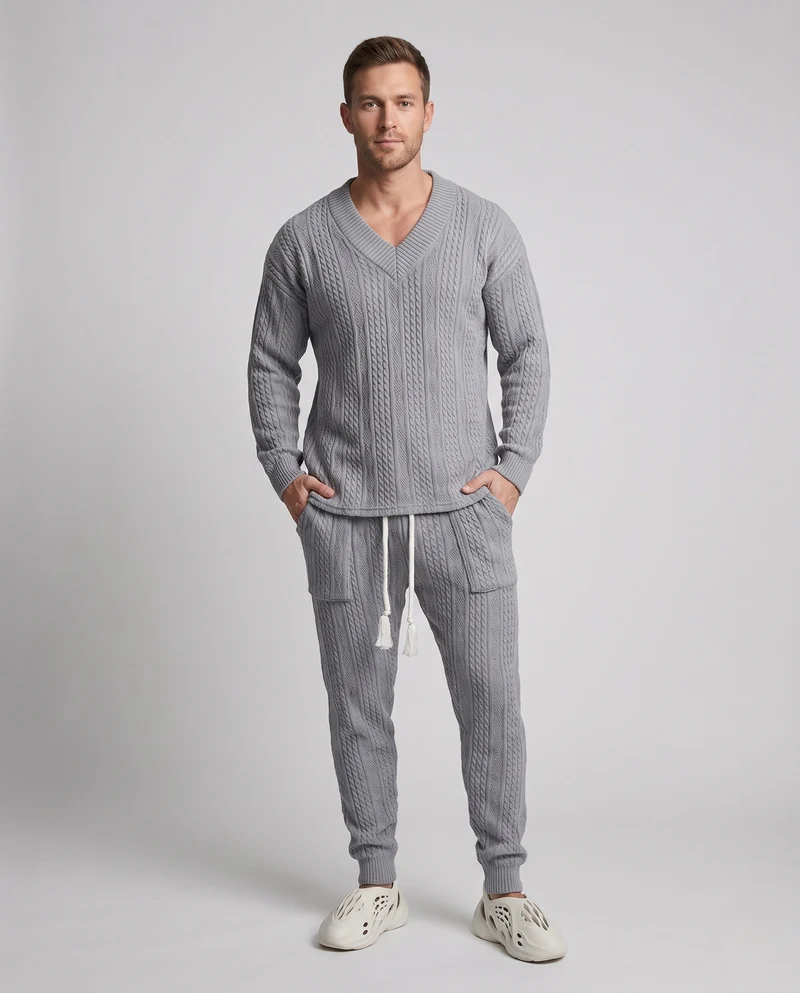 Herren Strick-Loungewear-Set mit V-Ausschnitt und schmal zulaufenden Joggern Nord Taschen