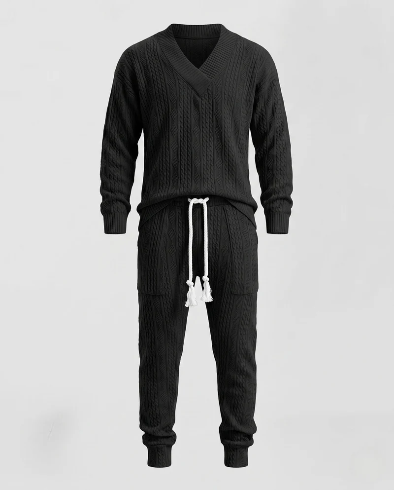 Herren Strick-Loungewear-Set mit V-Ausschnitt und schmal zulaufenden Joggern Nord Taschen
