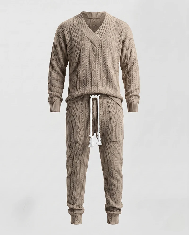 Herren Strick-Loungewear-Set mit V-Ausschnitt und schmal zulaufenden Joggern Nord Taschen