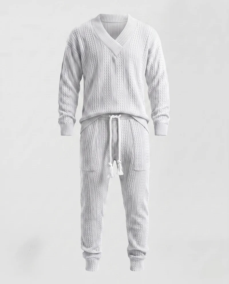 Herren Strick-Loungewear-Set mit V-Ausschnitt und schmal zulaufenden Joggern Nord Taschen