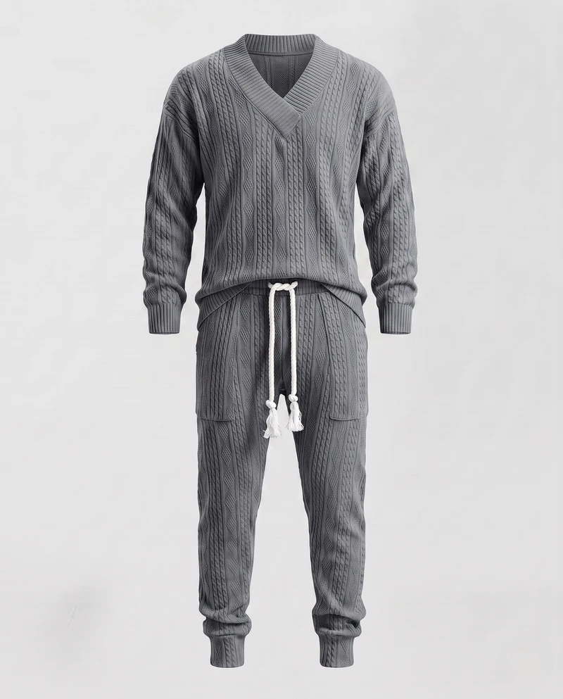 Herren Strick-Loungewear-Set mit V-Ausschnitt und schmal zulaufenden Joggern Nord Taschen