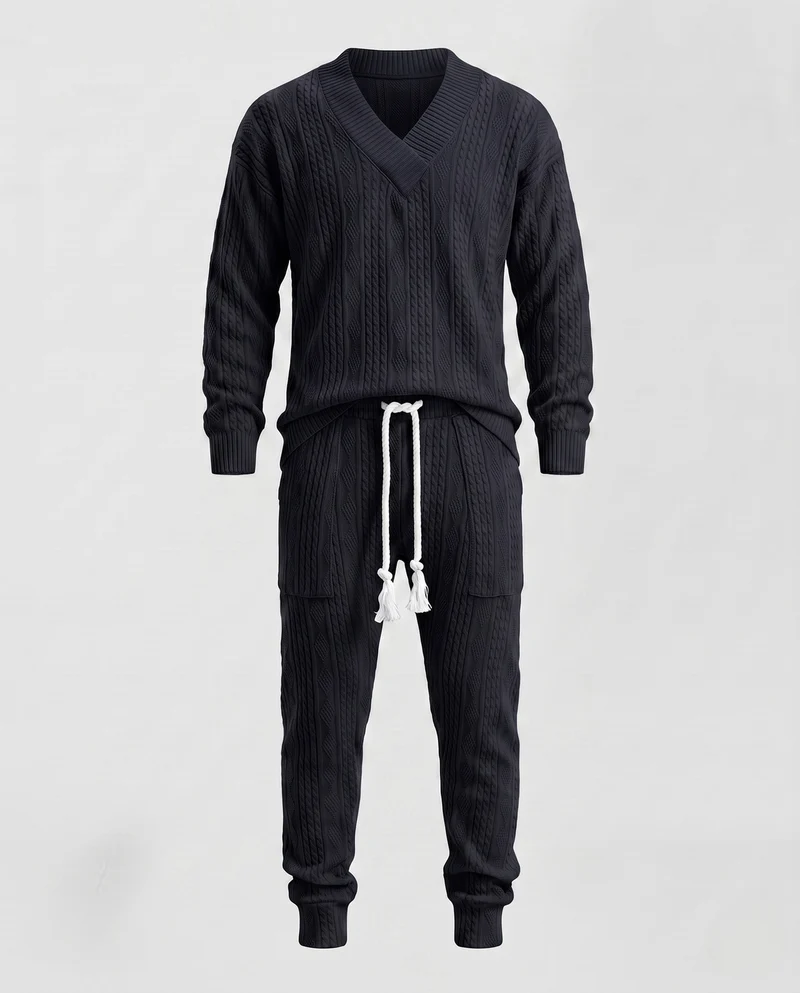 Herren Strick-Loungewear-Set mit V-Ausschnitt und schmal zulaufenden Joggern Nord Taschen