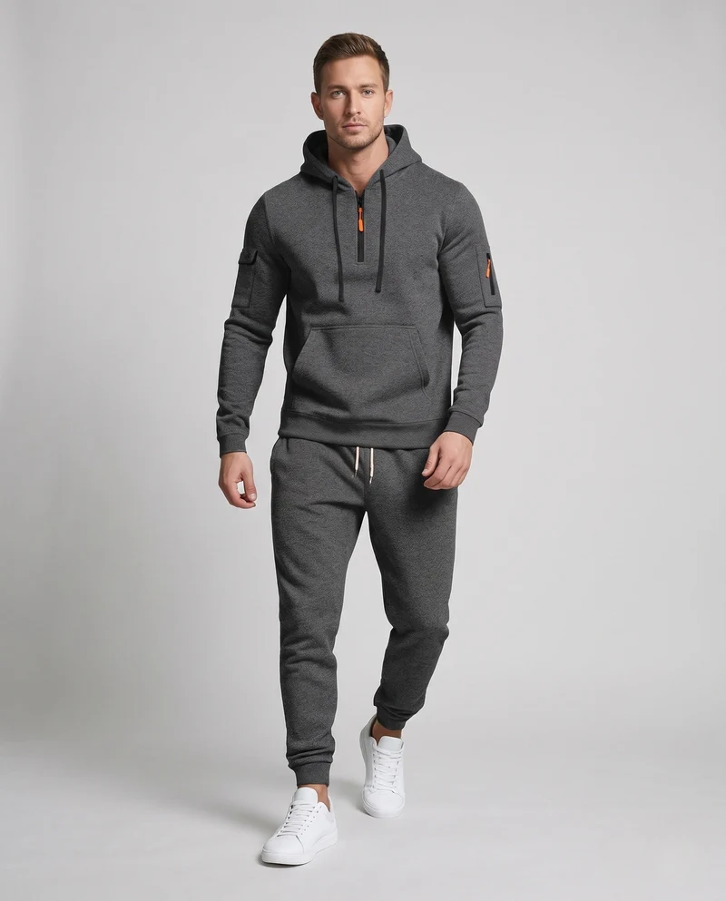 Herren Fleece-Loungewear-Set mit Halb-Reißverschluss-Hoodie, Taschenärmeln & Slim Jogger Nord Taschen