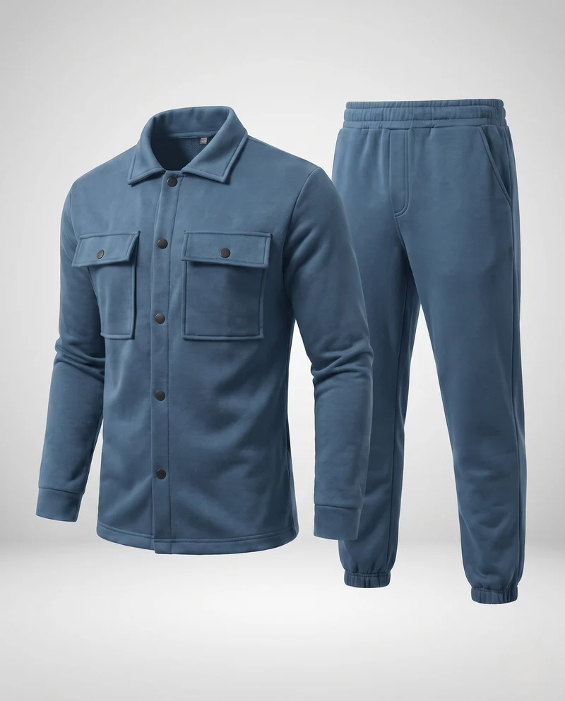 Herren Freizeit-Set Button-Up Overshirt mit Brusttaschen und schmalen Jogginghosen Nord Taschen