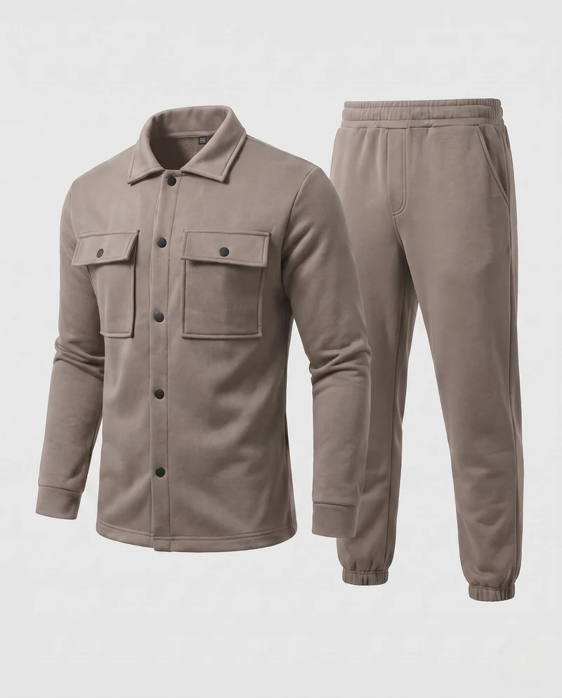 Herren Freizeit-Set Button-Up Overshirt mit Brusttaschen und schmalen Jogginghosen Nord Taschen