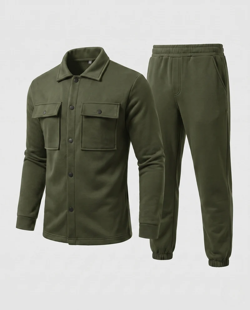 Herren Freizeit-Set Button-Up Overshirt mit Brusttaschen und schmalen Jogginghosen Nord Taschen