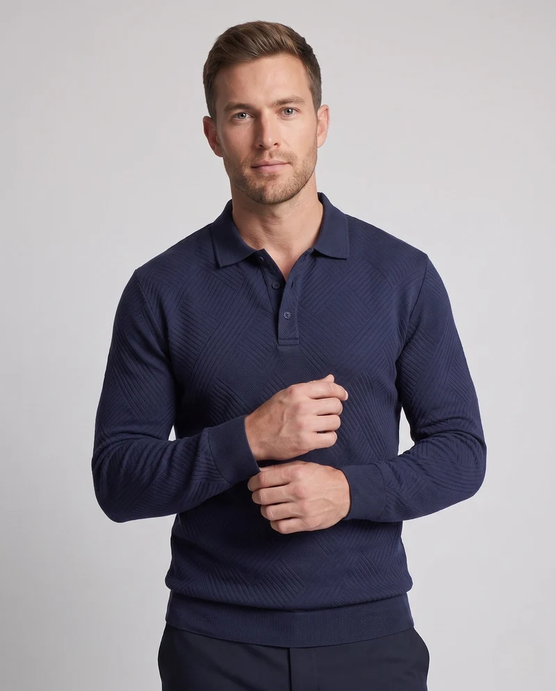 Herren fein strukturiertes Langarm-Polo mit Jacquard-Waffelstruktur und Kragen Nord Taschen