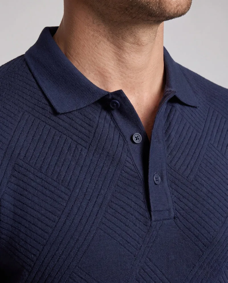 Herren fein strukturiertes Langarm-Polo mit Jacquard-Waffelstruktur und Kragen Nord Taschen