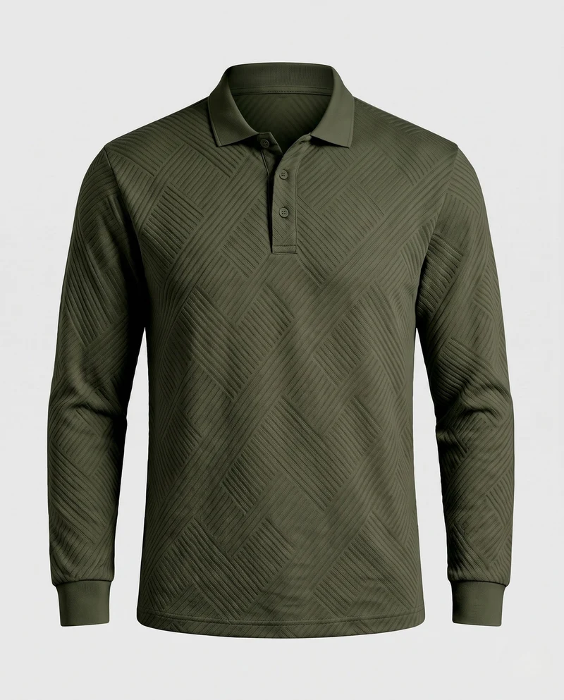 Herren fein strukturiertes Langarm-Polo mit Jacquard-Waffelstruktur und Kragen Nord Taschen