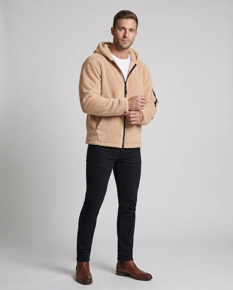 Herren Fleece Hoodie mit durchgehendem Reißverschluss, Kängurutaschen und Taschenärmel Nord Taschen