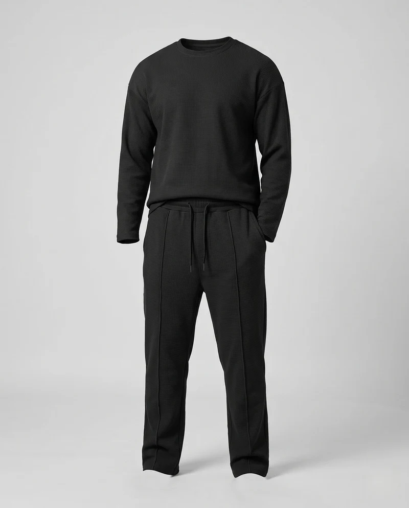 Herren fein strukturiertes Komfort-Loungewear-Set mit Rundhalsausschnitt, schmal zulaufenden Jogginghosen & Kordelzug Nord Taschen