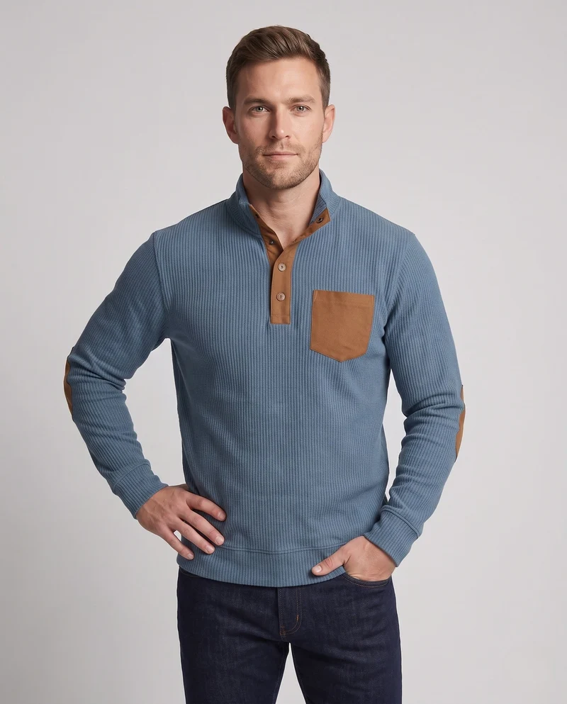 Herren fein strukturierter Henley-Pullover mit Stehkragen, Ellbogen-Patches & Brusttasche Nord Taschen
