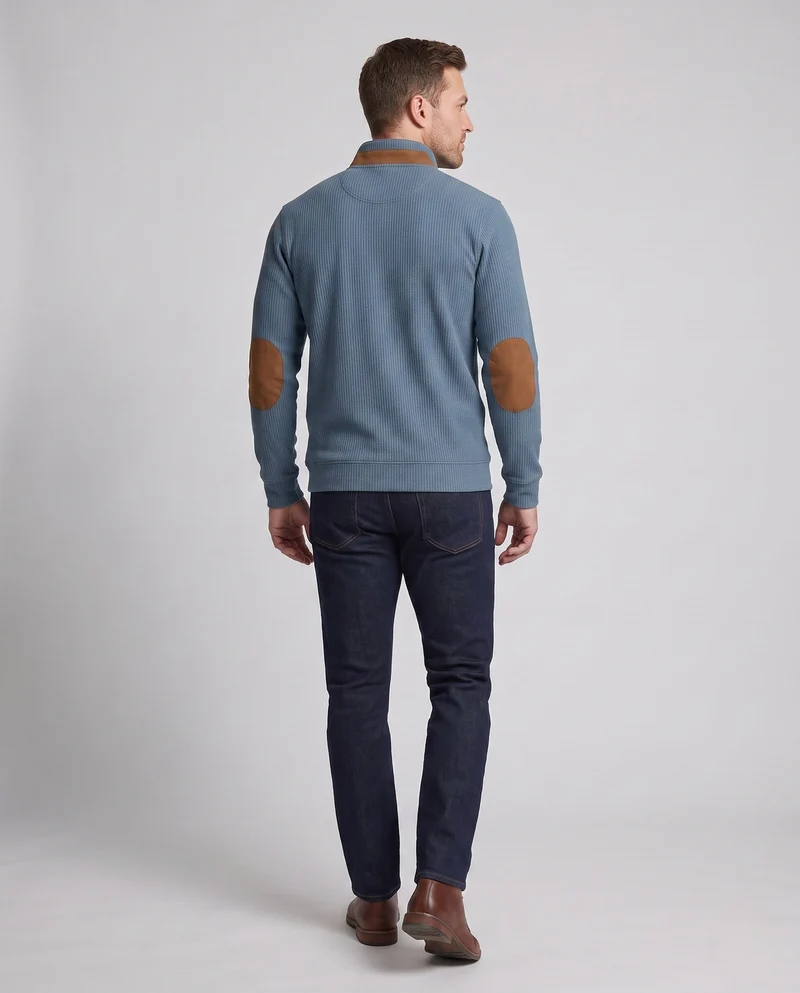 Herren fein strukturierter Henley-Pullover mit Stehkragen, Ellbogen-Patches & Brusttasche Nord Taschen
