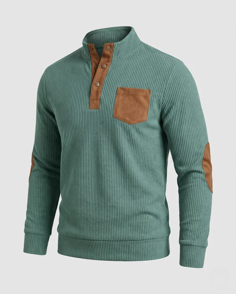 Herren fein strukturierter Henley-Pullover mit Stehkragen, Ellbogen-Patches & Brusttasche Nord Taschen
