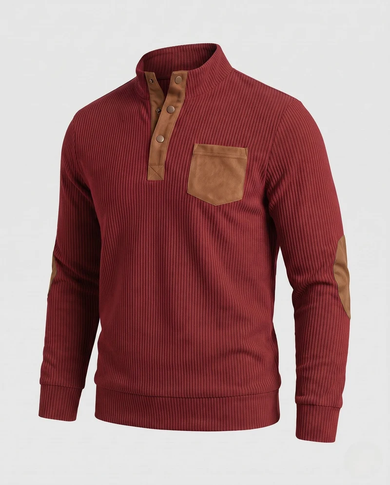 Herren fein strukturierter Henley-Pullover mit Stehkragen, Ellbogen-Patches & Brusttasche Nord Taschen