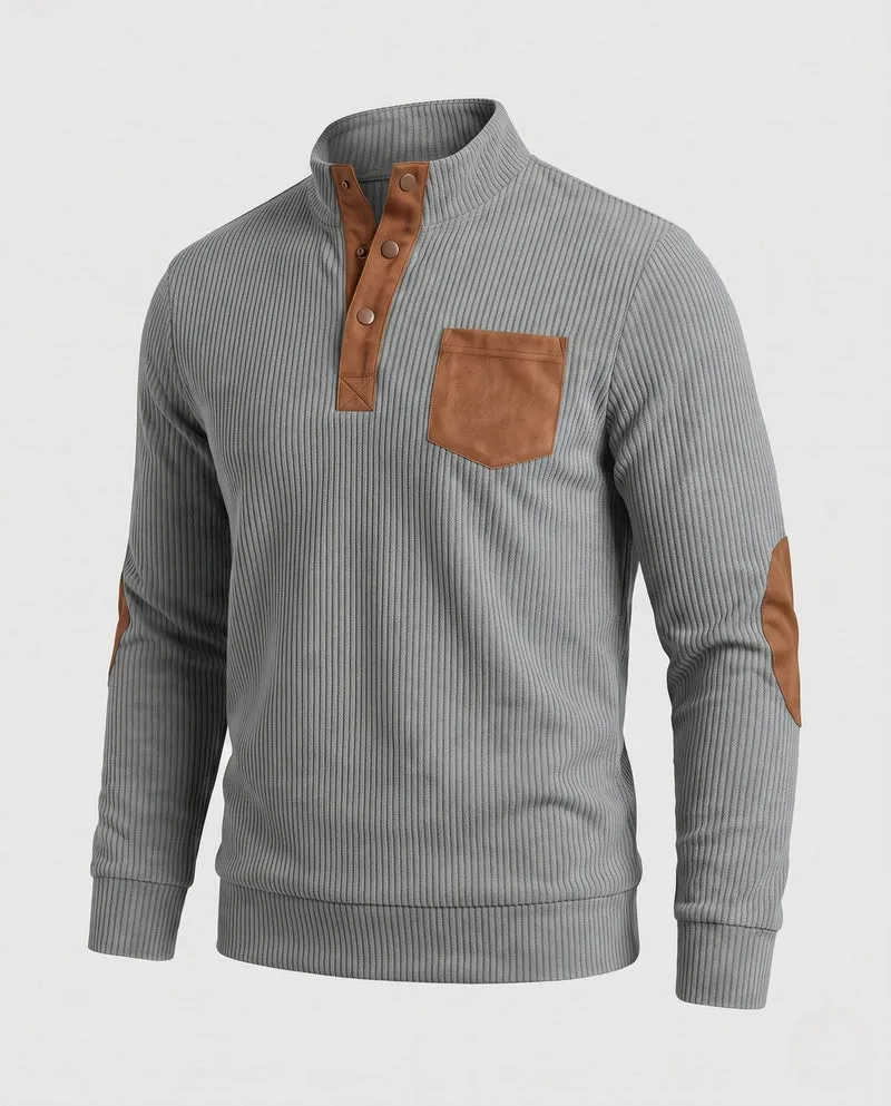 Herren fein strukturierter Henley-Pullover mit Stehkragen, Ellbogen-Patches & Brusttasche Nord Taschen