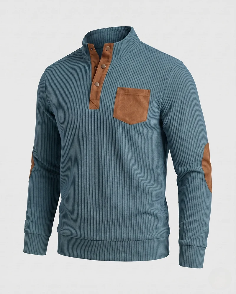 Herren fein strukturierter Henley-Pullover mit Stehkragen, Ellbogen-Patches & Brusttasche Nord Taschen
