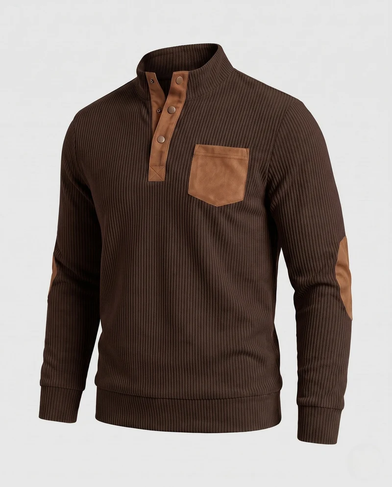 Herren fein strukturierter Henley-Pullover mit Stehkragen, Ellbogen-Patches & Brusttasche Nord Taschen