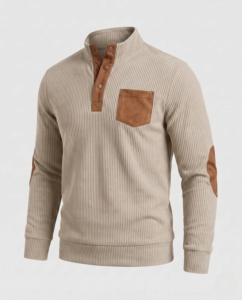 Herren fein strukturierter Henley-Pullover mit Stehkragen, Ellbogen-Patches & Brusttasche Nord Taschen