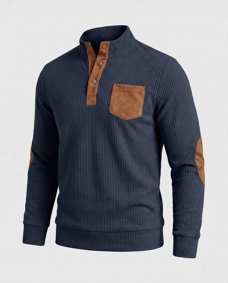 Herren fein strukturierter Henley-Pullover mit Stehkragen, Ellbogen-Patches & Brusttasche Nord Taschen