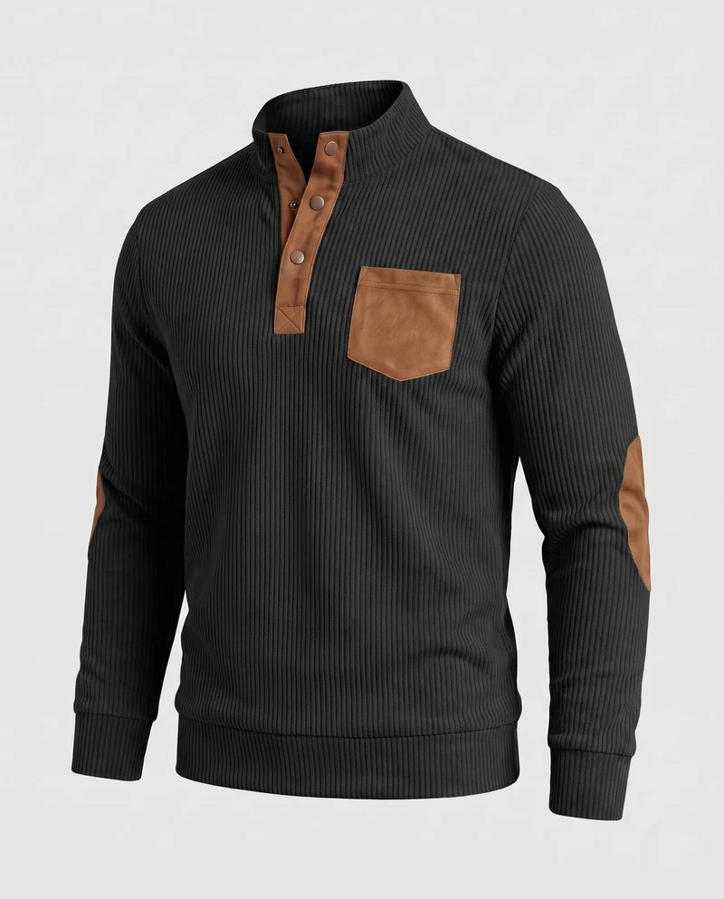 Herren fein strukturierter Henley-Pullover mit Stehkragen, Ellbogen-Patches & Brusttasche Nord Taschen
