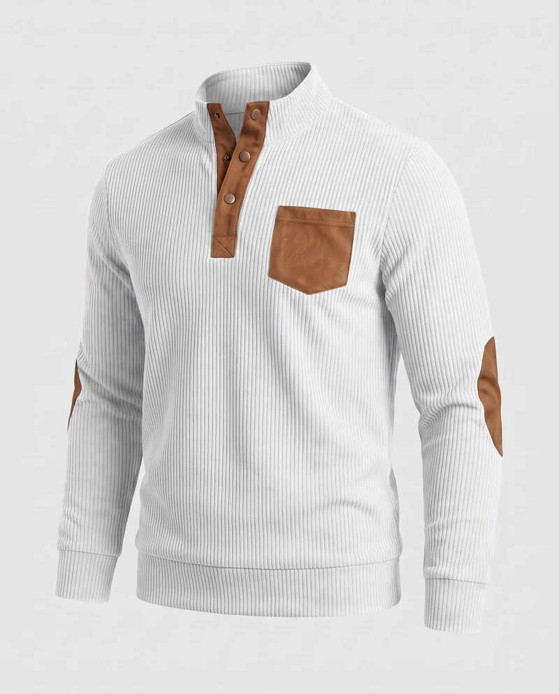 Herren fein strukturierter Henley-Pullover mit Stehkragen, Ellbogen-Patches & Brusttasche Nord Taschen