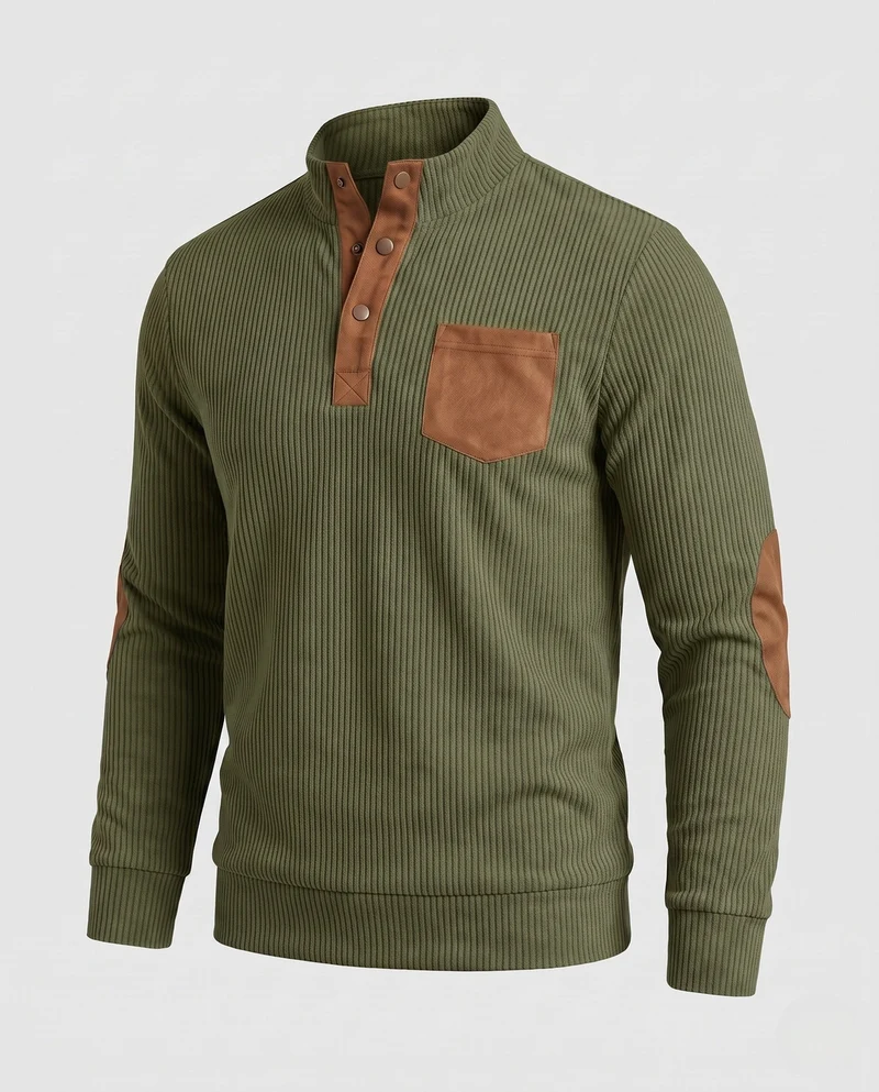 Herren fein strukturierter Henley-Pullover mit Stehkragen, Ellbogen-Patches & Brusttasche Nord Taschen