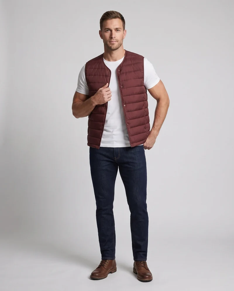 Herren Ärmellose wattierte Weste mit leichtem Daunen-Look und Druckknopfverschluss Nord Taschen
