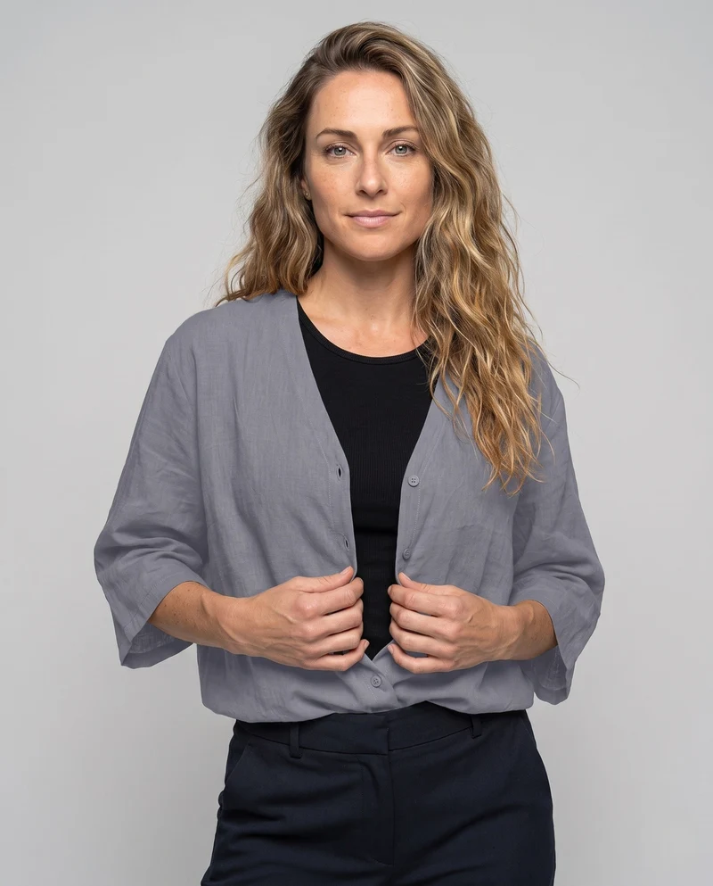 Damen Weite V-Ausschnitt Tunika Bluse im Leinen-Look mit Lockeren Ärmeln Nord Taschen
