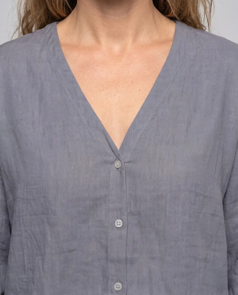 Damen Weite V-Ausschnitt Tunika Bluse im Leinen-Look mit Lockeren Ärmeln Nord Taschen