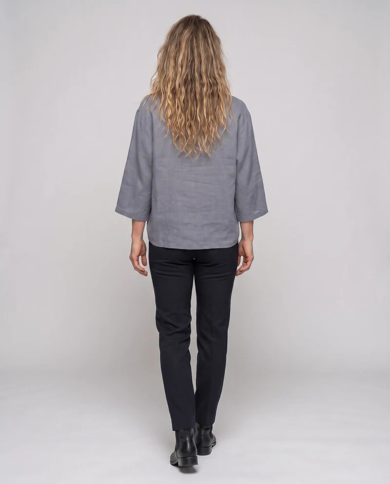 Damen Weite V-Ausschnitt Tunika Bluse im Leinen-Look mit Lockeren Ärmeln Nord Taschen