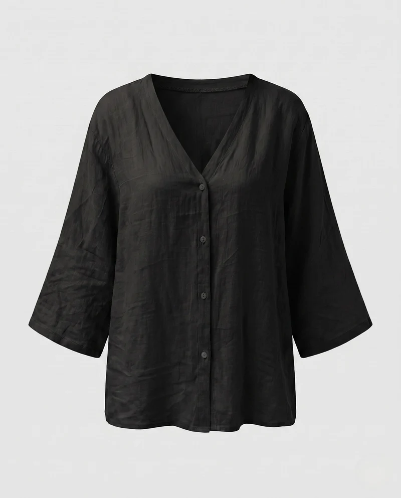 Damen Weite V-Ausschnitt Tunika Bluse im Leinen-Look mit Lockeren Ärmeln Nord Taschen