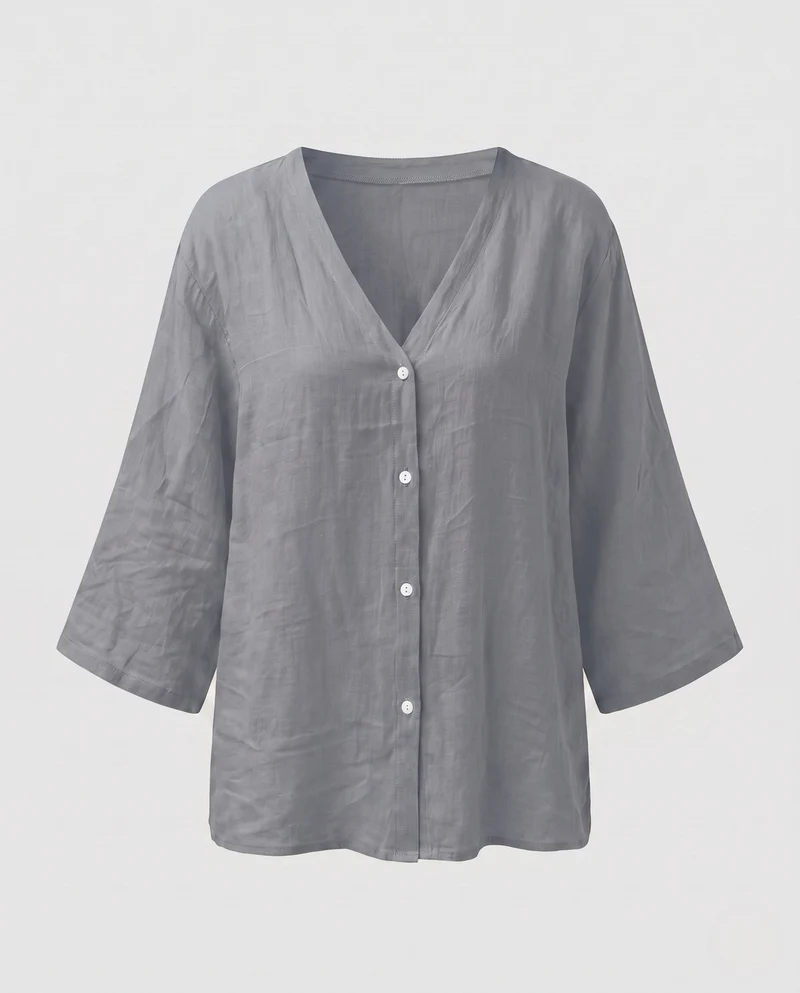 Damen Weite V-Ausschnitt Tunika Bluse im Leinen-Look mit Lockeren Ärmeln Nord Taschen