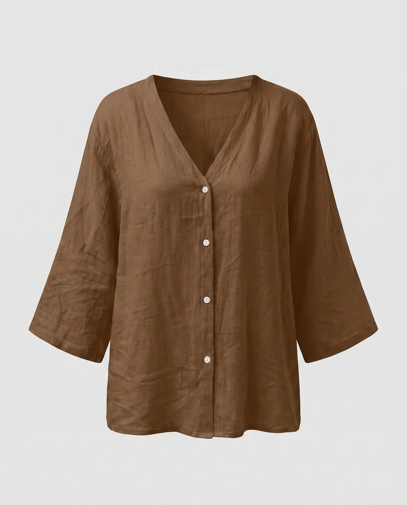 Damen Weite V-Ausschnitt Tunika Bluse im Leinen-Look mit Lockeren Ärmeln Nord Taschen
