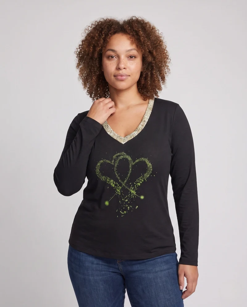 Damen V-Ausschnitt Sweatshirt mit Glitzerherzprint und goldener Borte Nord Taschen