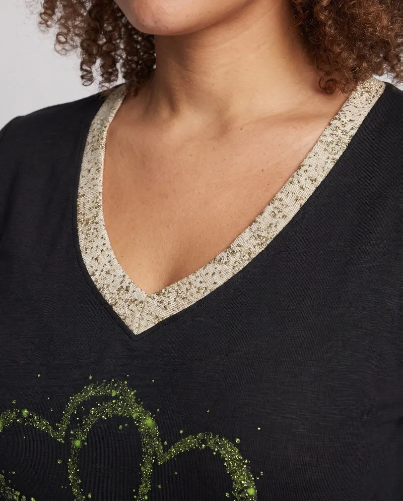 Damen V-Ausschnitt Sweatshirt mit Glitzerherzprint und goldener Borte Nord Taschen
