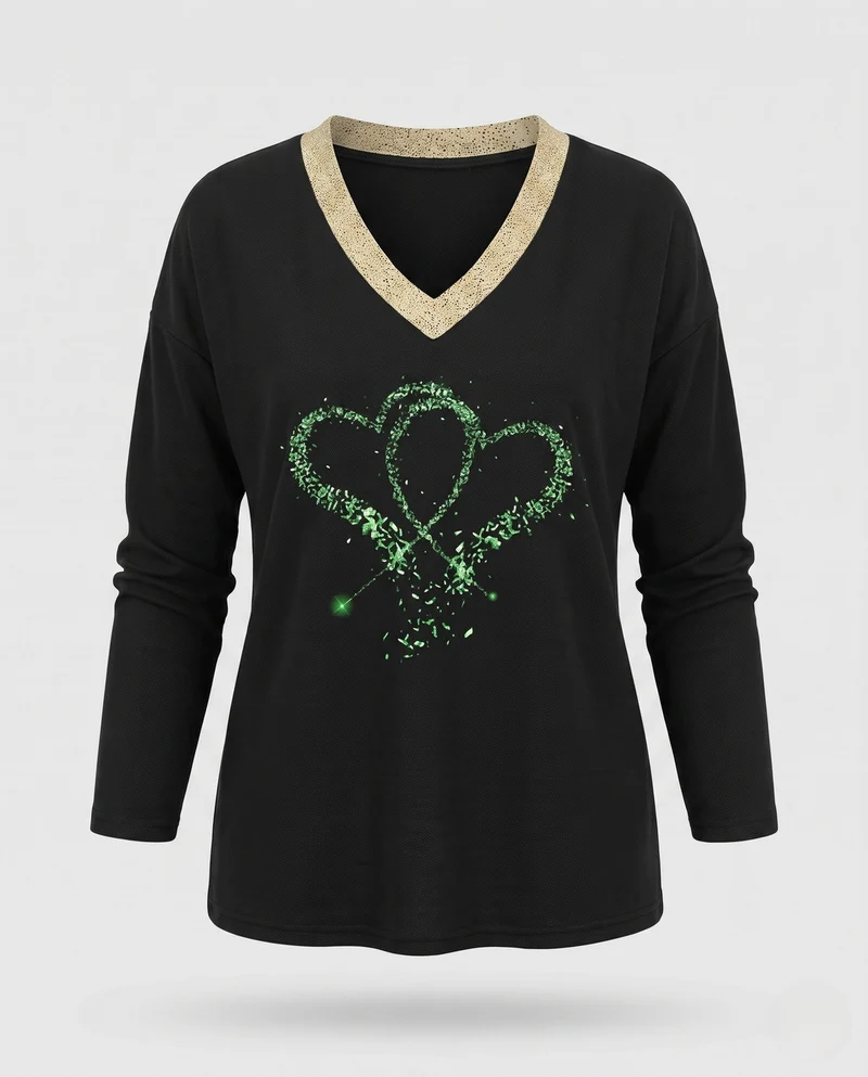 Damen V-Ausschnitt Sweatshirt mit Glitzerherzprint und goldener Borte Nord Taschen