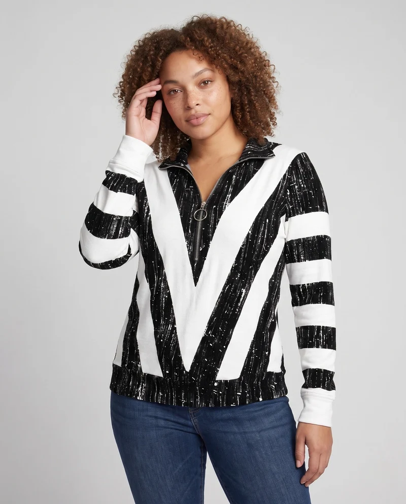 Damen V-Ausschnitt Zip-Pullover mit Ring-Reißverschluss und Blockstreifen-Design Nord Taschen