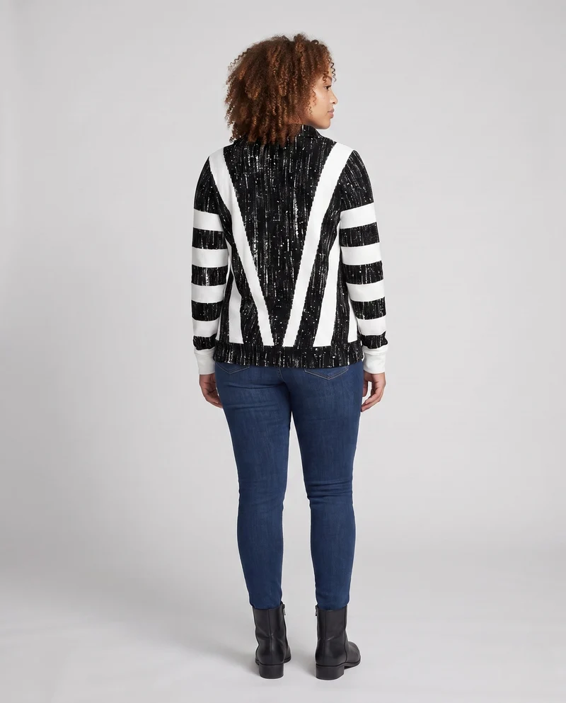 Damen V-Ausschnitt Zip-Pullover mit Ring-Reißverschluss und Blockstreifen-Design Nord Taschen