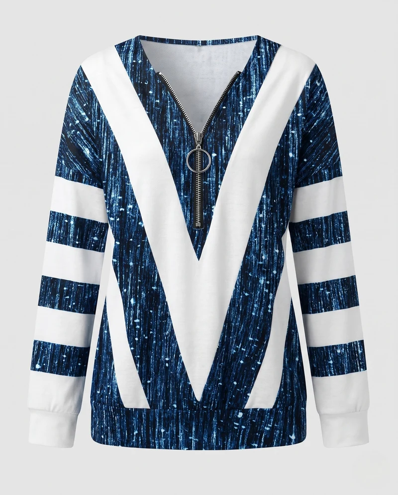 Damen V-Ausschnitt Zip-Pullover mit Ring-Reißverschluss und Blockstreifen-Design Nord Taschen